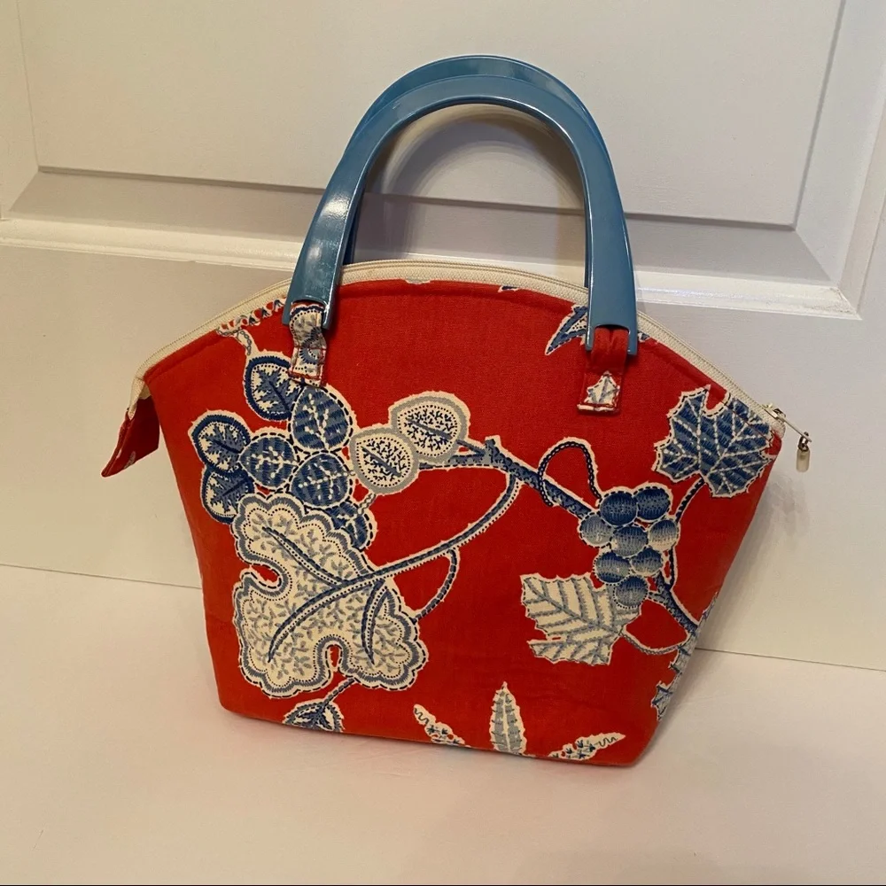 CHARLOTTE HORNER BAG SATCHEL RED BLUE FABRIC USA ARTISAN 2 HANDLE ZIP TOP